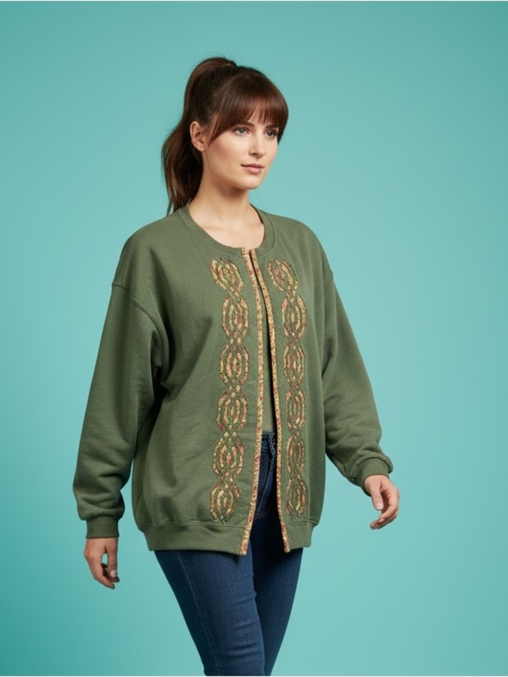 Handmade Green Sweatshirt Cardigan Size L